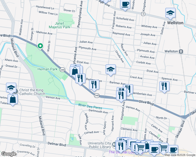 map of restaurants, bars, coffee shops, grocery stores, and more near 6833 Bartmer Avenue in University City