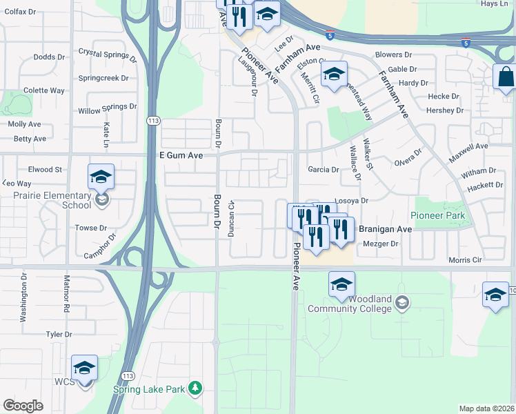 map of restaurants, bars, coffee shops, grocery stores, and more near 1655 Santoni Lane in Woodland