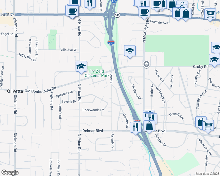 map of restaurants, bars, coffee shops, grocery stores, and more near 753 West Canterbury Road in St. Louis