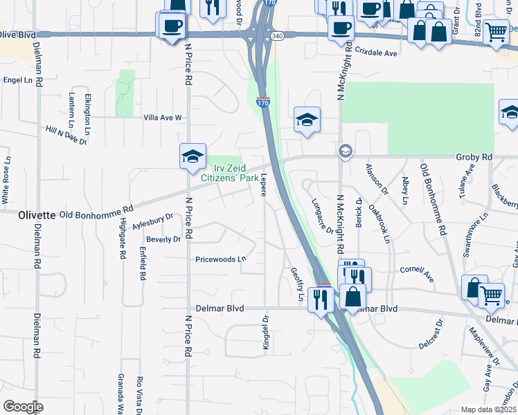 map of restaurants, bars, coffee shops, grocery stores, and more near 753 West Canterbury Road in St. Louis