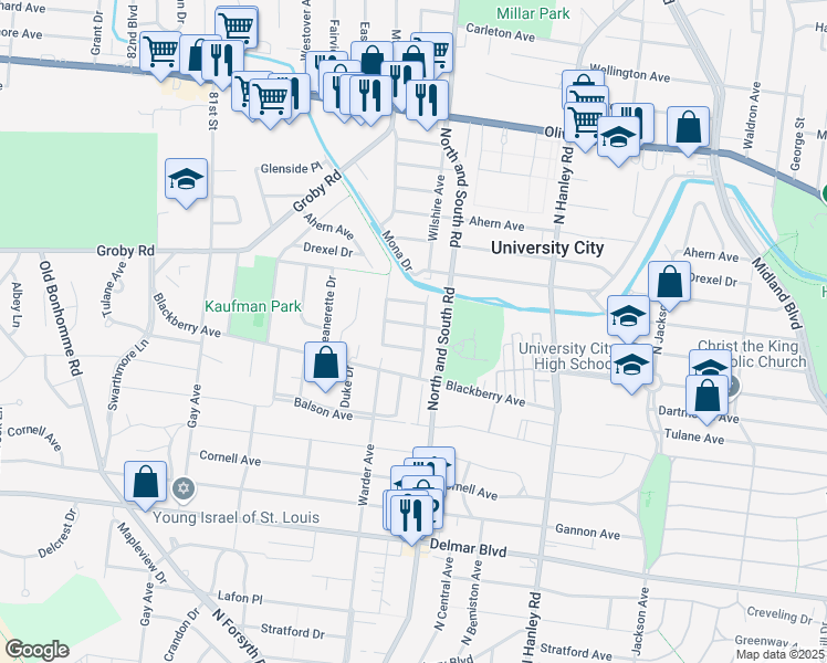 map of restaurants, bars, coffee shops, grocery stores, and more near 7724 Peach Tree Lane in University City