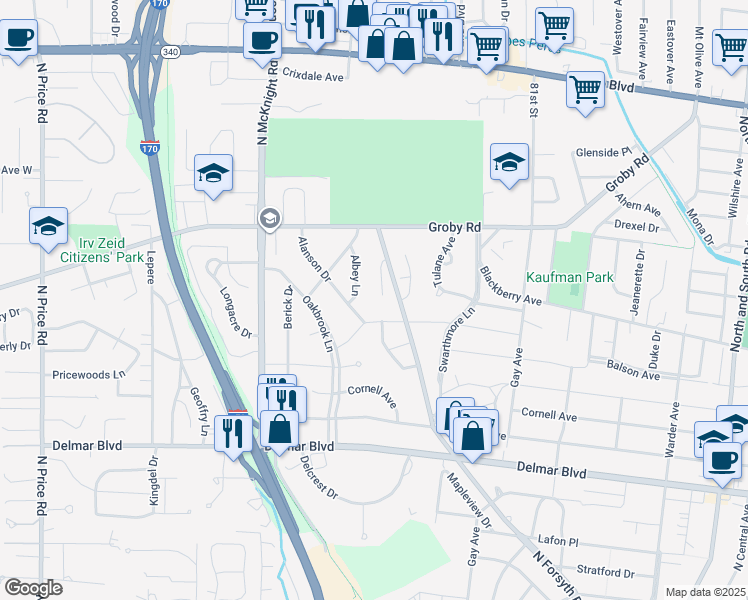 map of restaurants, bars, coffee shops, grocery stores, and more near 905 Dalkeith Lane in St. Louis