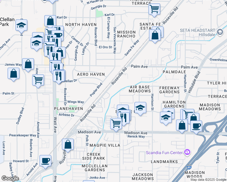 map of restaurants, bars, coffee shops, grocery stores, and more near 5420 Roseville Rd in North Highlands