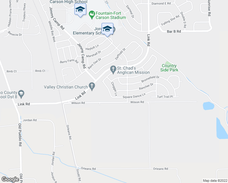 map of restaurants, bars, coffee shops, grocery stores, and more near 1054 Clogger Lane in Fountain