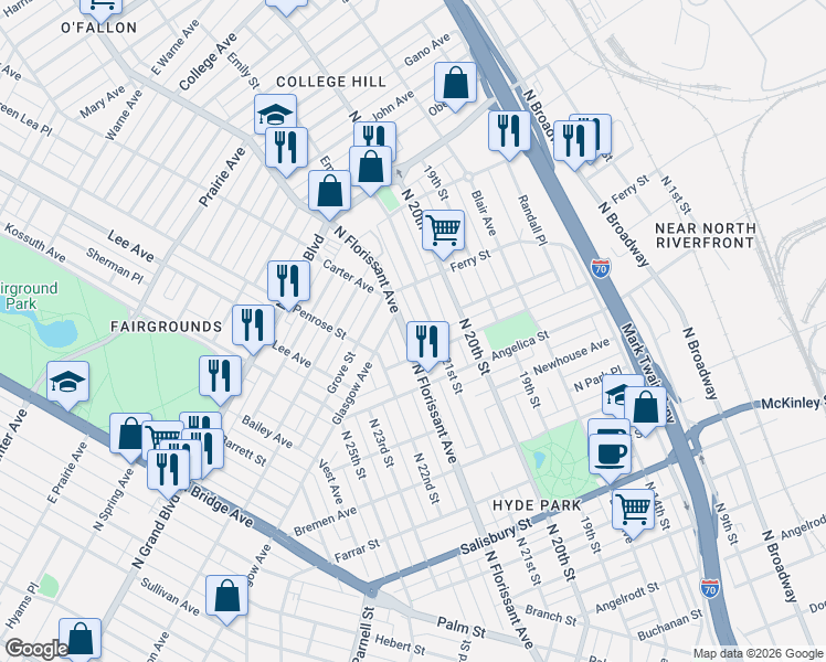 map of restaurants, bars, coffee shops, grocery stores, and more near 4223 North Florissant Avenue in St. Louis