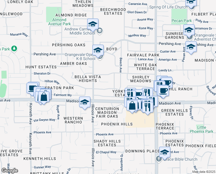 map of restaurants, bars, coffee shops, grocery stores, and more near 8733 Piedra Way in Fair Oaks