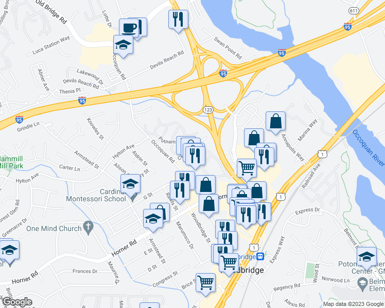 map of restaurants, bars, coffee shops, grocery stores, and more near 13252 Revillo Loop in Woodbridge