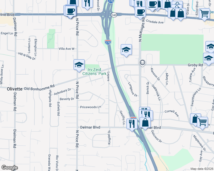 map of restaurants, bars, coffee shops, grocery stores, and more near 753 West Canterbury Road in St. Louis