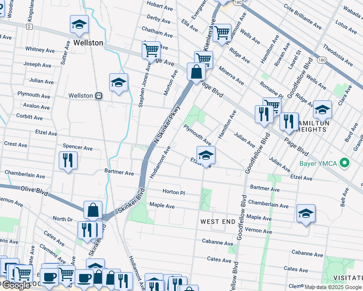 map of restaurants, bars, coffee shops, grocery stores, and more near 6021 Etzel Avenue in St. Louis