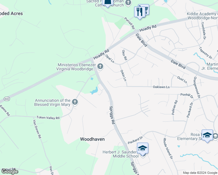 map of restaurants, bars, coffee shops, grocery stores, and more near 6249 Oaklawn Lane in Woodbridge