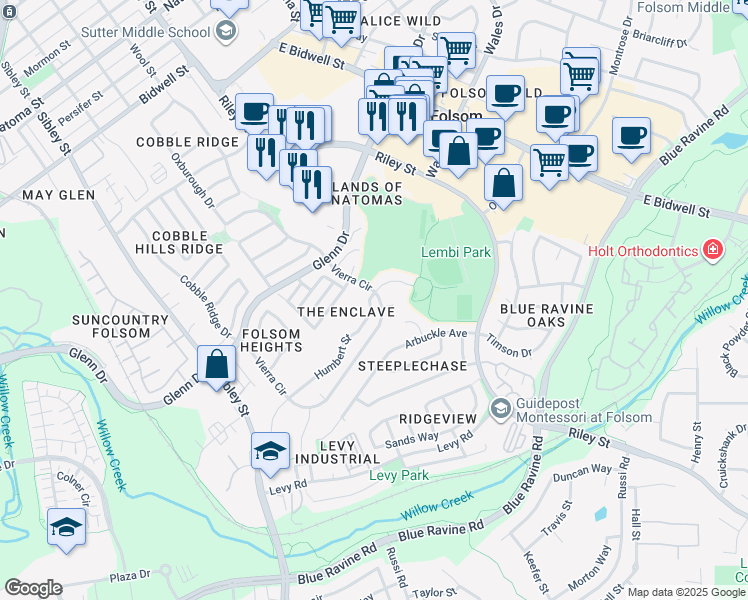 map of restaurants, bars, coffee shops, grocery stores, and more near in Folsom