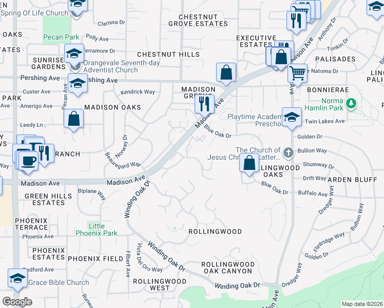 map of restaurants, bars, coffee shops, grocery stores, and more near in Orangevale