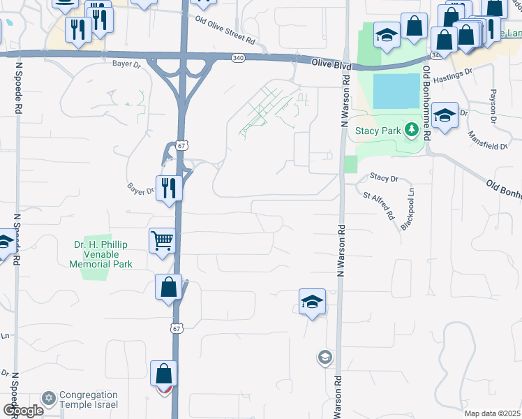 map of restaurants, bars, coffee shops, grocery stores, and more near 51 Tealwood Drive in Creve Coeur