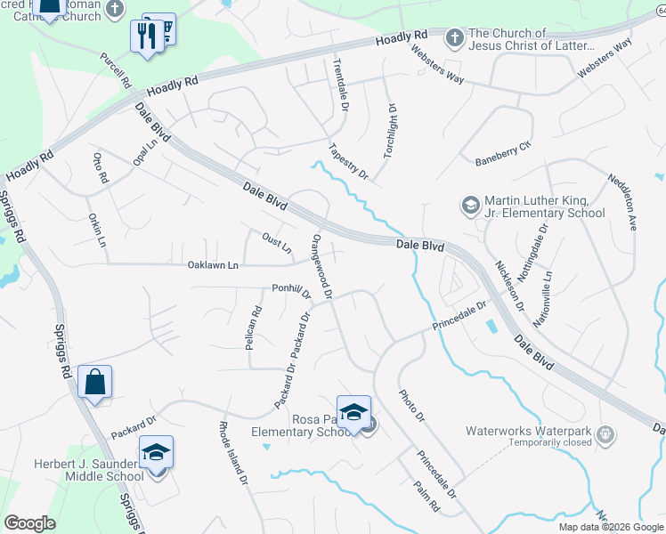map of restaurants, bars, coffee shops, grocery stores, and more near 6033 Oaklawn Lane in Woodbridge