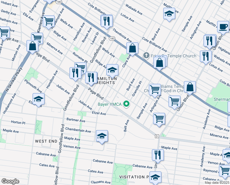 map of restaurants, bars, coffee shops, grocery stores, and more near 1342 Montclair Avenue in St. Louis