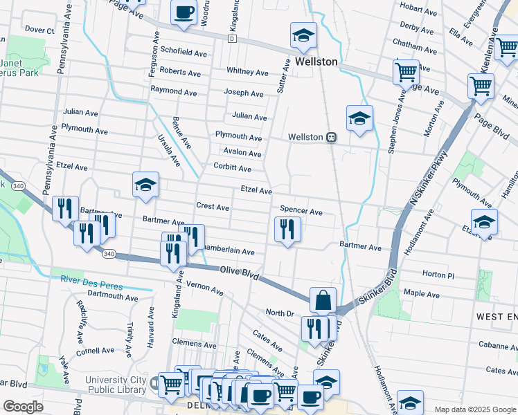 map of restaurants, bars, coffee shops, grocery stores, and more near 6512 Crest Avenue in University City