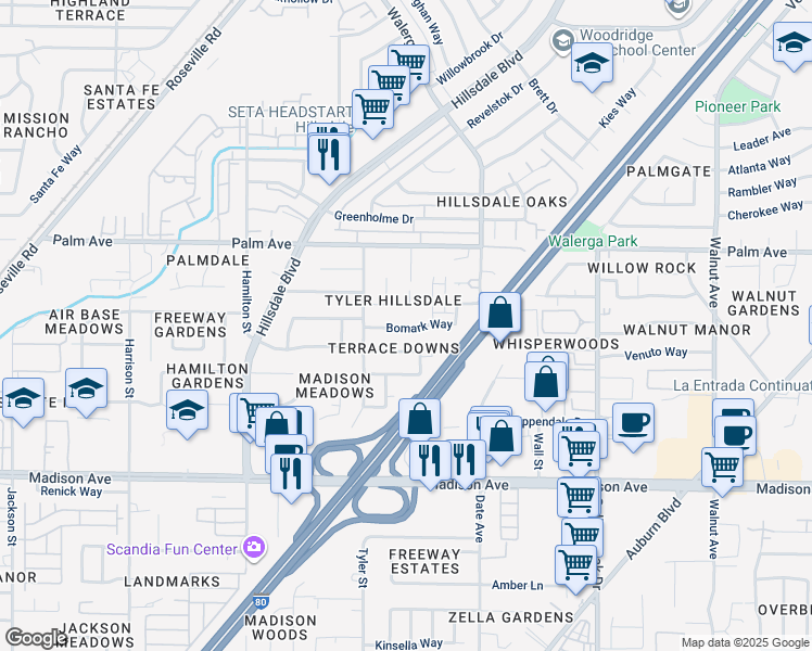 map of restaurants, bars, coffee shops, grocery stores, and more near 4536 Bomark Way in Sacramento