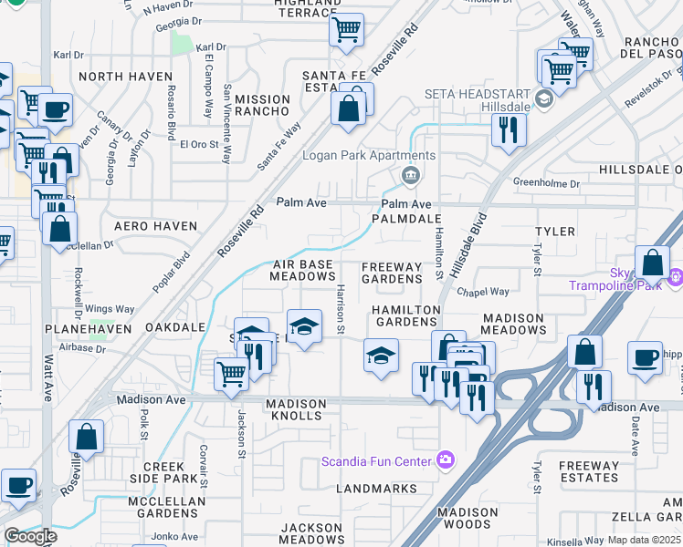 map of restaurants, bars, coffee shops, grocery stores, and more near 4031 Constitution Avenue in North Highlands