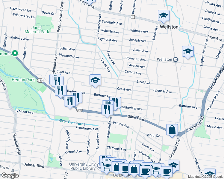 map of restaurants, bars, coffee shops, grocery stores, and more near 6716 Crest Avenue in University City