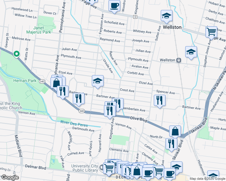 map of restaurants, bars, coffee shops, grocery stores, and more near 6716 Crest Avenue in University City