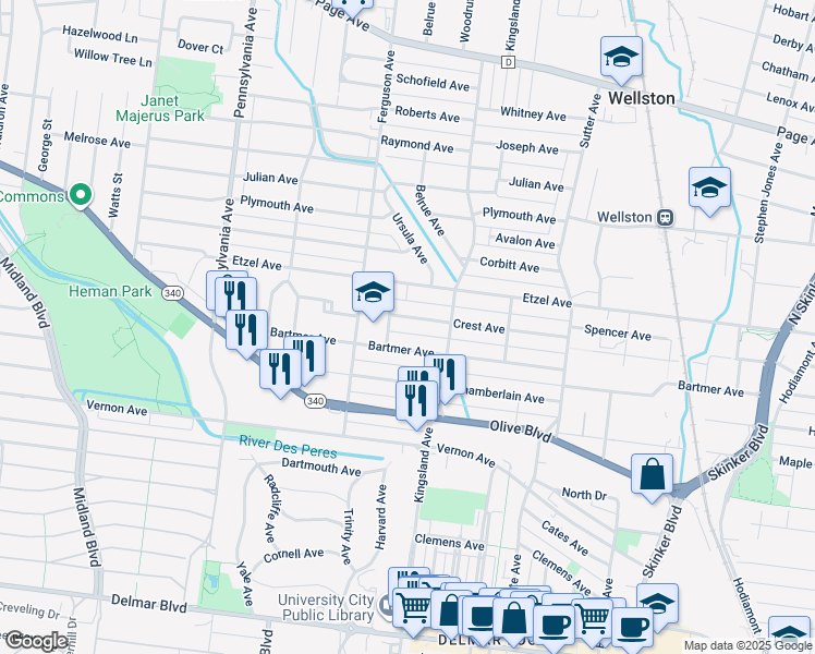 map of restaurants, bars, coffee shops, grocery stores, and more near 6749 Bartmer Avenue in University City