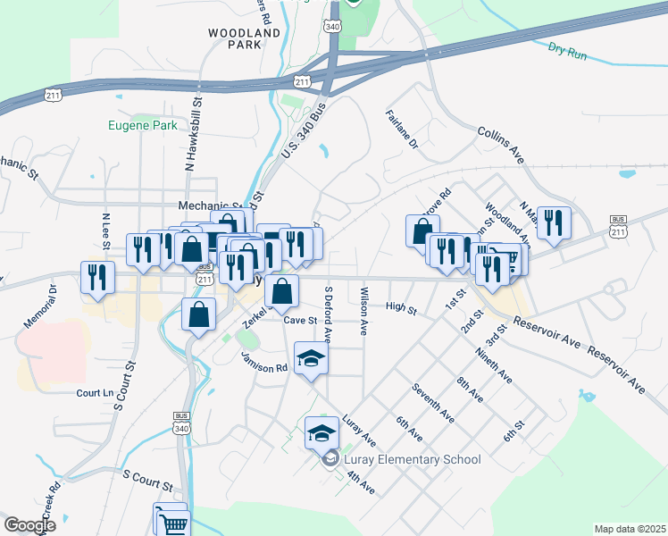 map of restaurants, bars, coffee shops, grocery stores, and more near 211 East Main Street in Luray