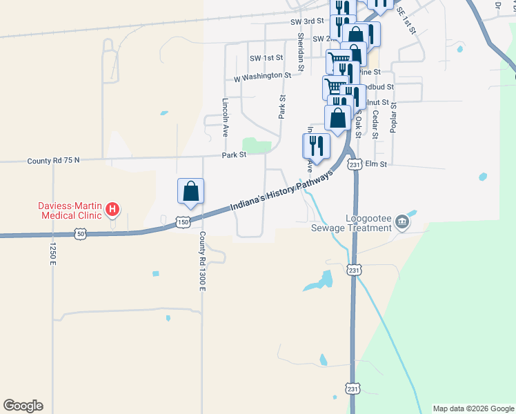 map of restaurants, bars, coffee shops, grocery stores, and more near 514 John C Strange Street in Loogootee