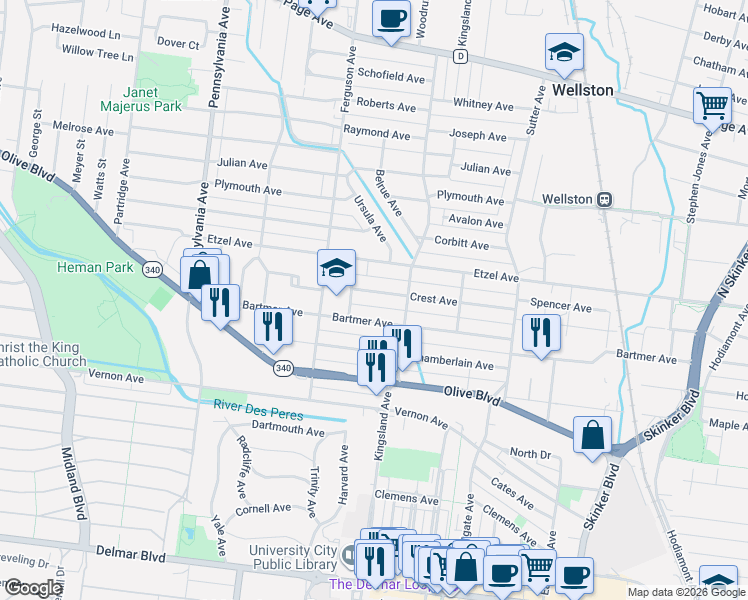 map of restaurants, bars, coffee shops, grocery stores, and more near 6730 Crest Avenue in St. Louis
