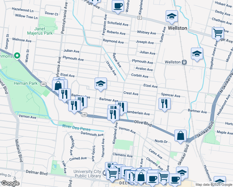 map of restaurants, bars, coffee shops, grocery stores, and more near 6716 Crest Avenue in University City