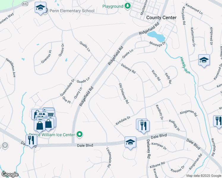 map of restaurants, bars, coffee shops, grocery stores, and more near 4959 Quixote Court in Woodbridge