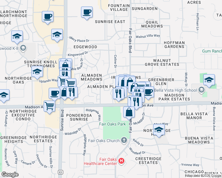 map of restaurants, bars, coffee shops, grocery stores, and more near 5456 Ventana Place in Citrus Heights