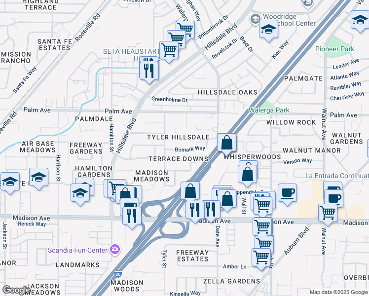 map of restaurants, bars, coffee shops, grocery stores, and more near 4536 Bomark Way in Sacramento