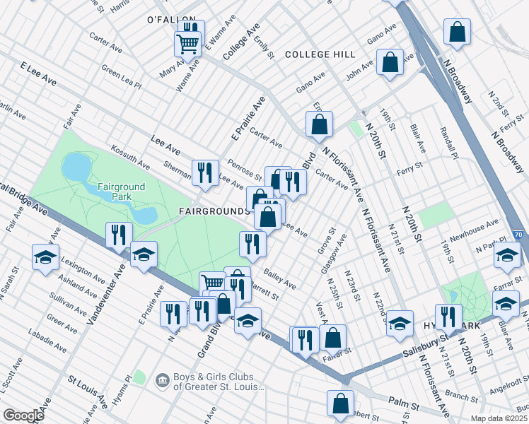 map of restaurants, bars, coffee shops, grocery stores, and more near 4115 North Grand Boulevard in St. Louis