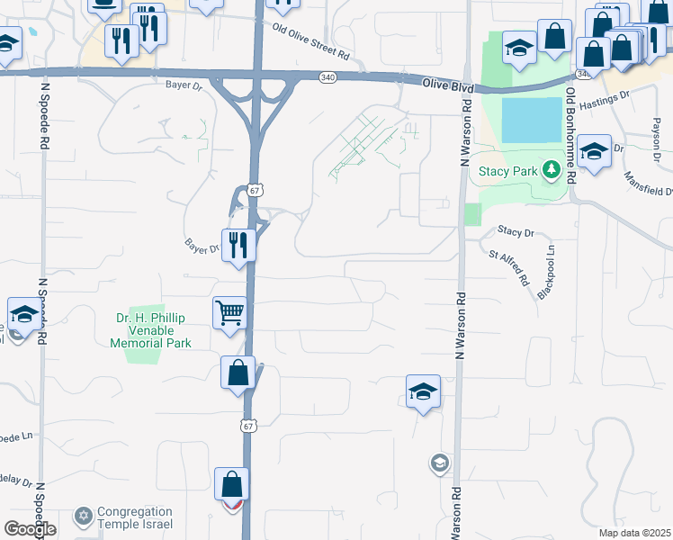 map of restaurants, bars, coffee shops, grocery stores, and more near 51 Tealwood Drive in Creve Coeur