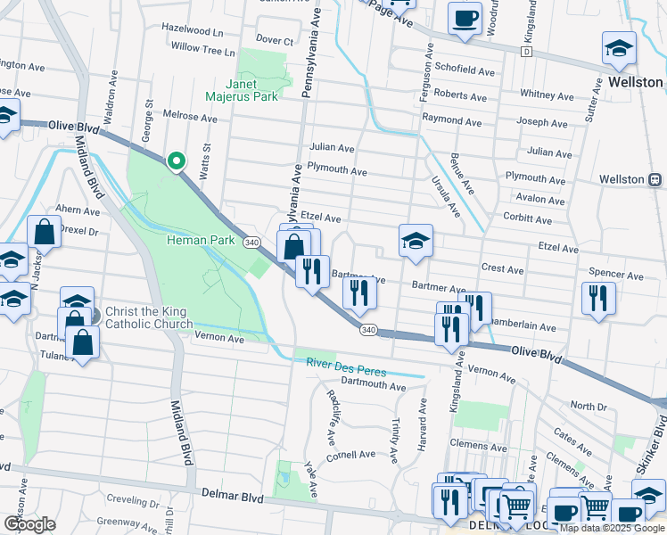 map of restaurants, bars, coffee shops, grocery stores, and more near 6919 Bartmer Avenue in University City