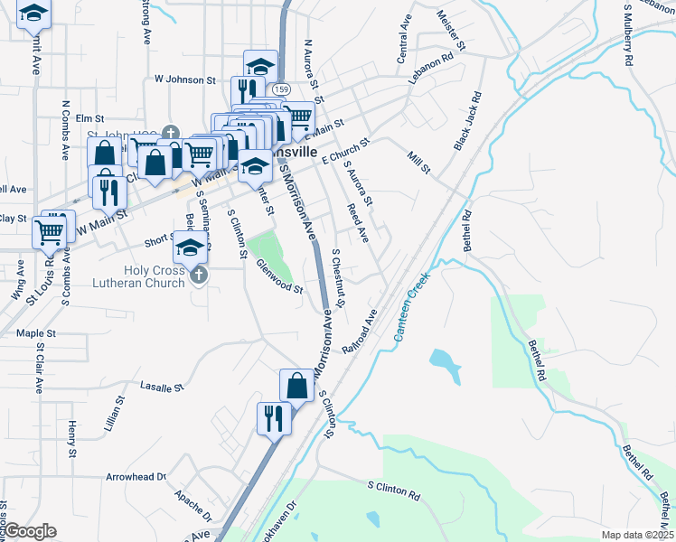 map of restaurants, bars, coffee shops, grocery stores, and more near 428 South Chestnut Street in Collinsville