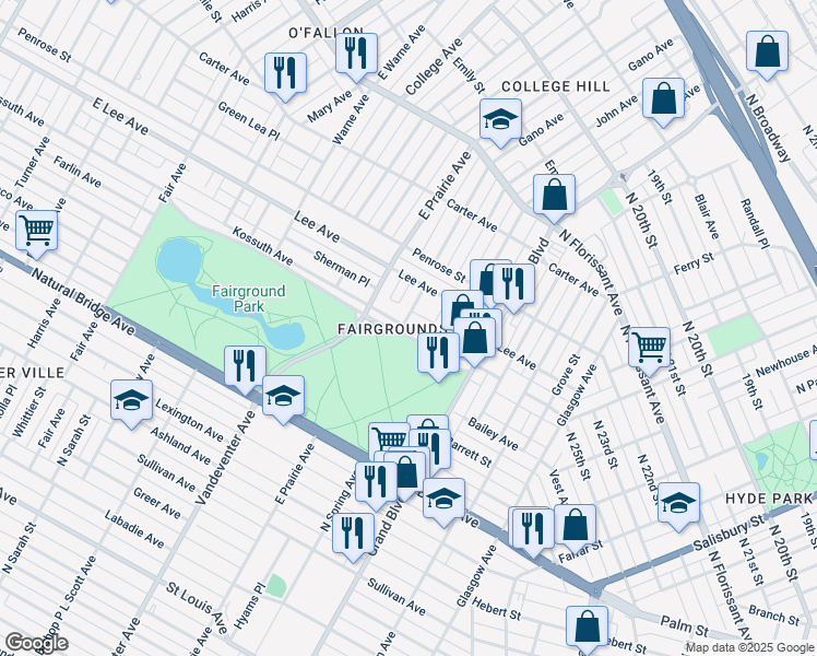 map of restaurants, bars, coffee shops, grocery stores, and more near 3740 Kossuth Avenue in St. Louis