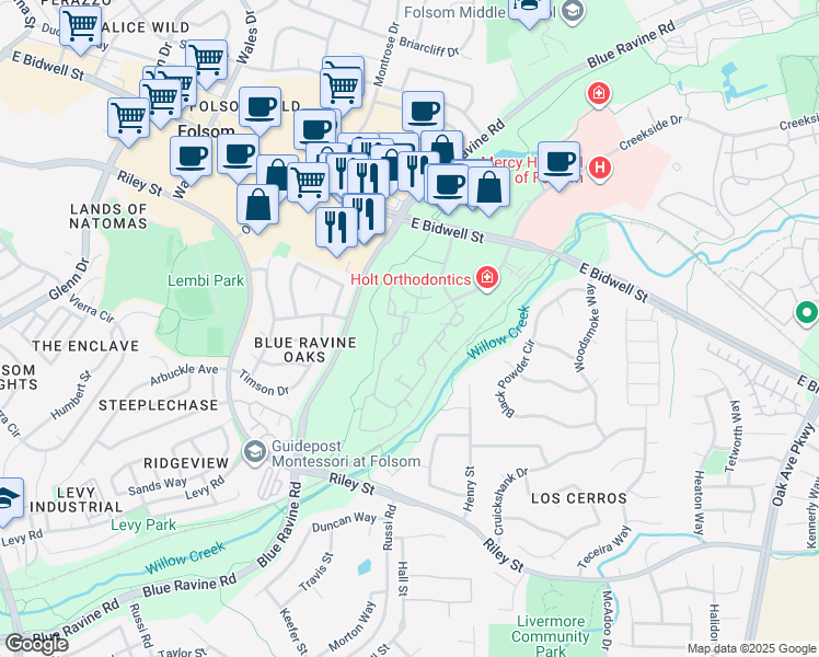 map of restaurants, bars, coffee shops, grocery stores, and more near 1200 Creekside Drive in Folsom