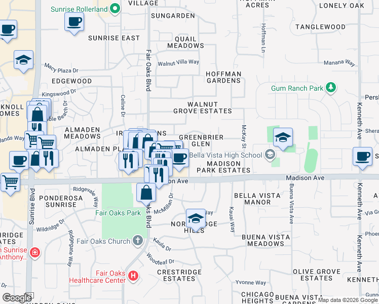 map of restaurants, bars, coffee shops, grocery stores, and more near 5456 East Knoll Drive in Fair Oaks
