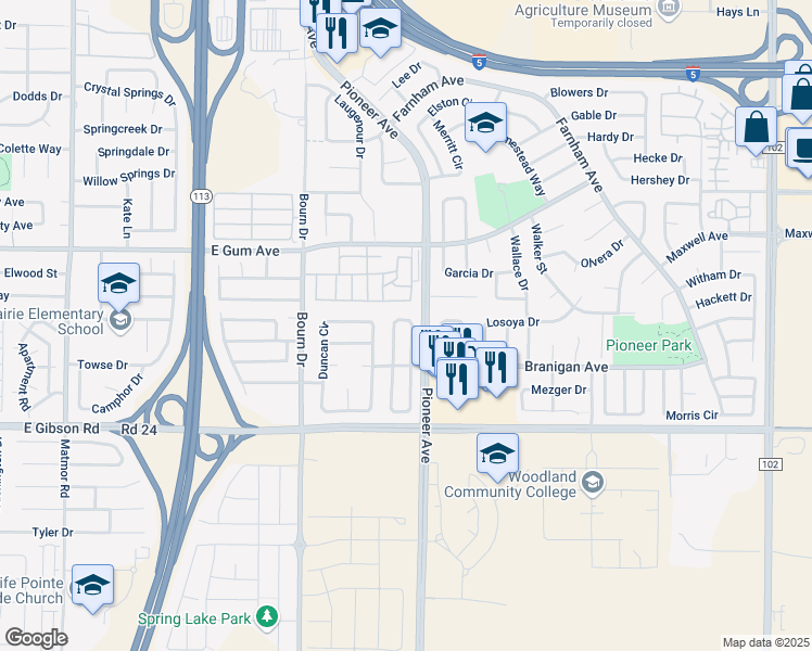 map of restaurants, bars, coffee shops, grocery stores, and more near 931 Campbell Circle in Woodland