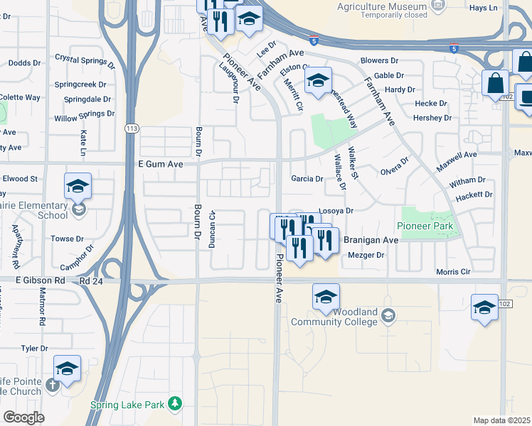 map of restaurants, bars, coffee shops, grocery stores, and more near 931 Campbell Circle in Woodland