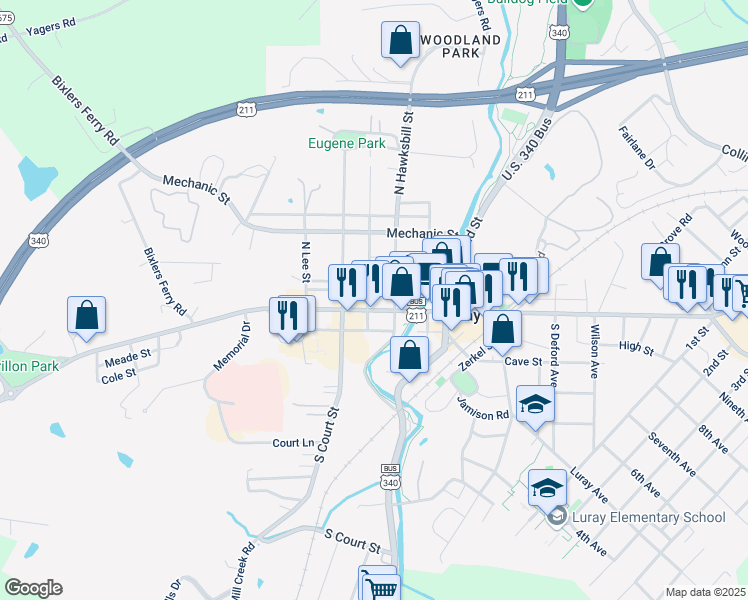 map of restaurants, bars, coffee shops, grocery stores, and more near 201 West Main Street in Luray