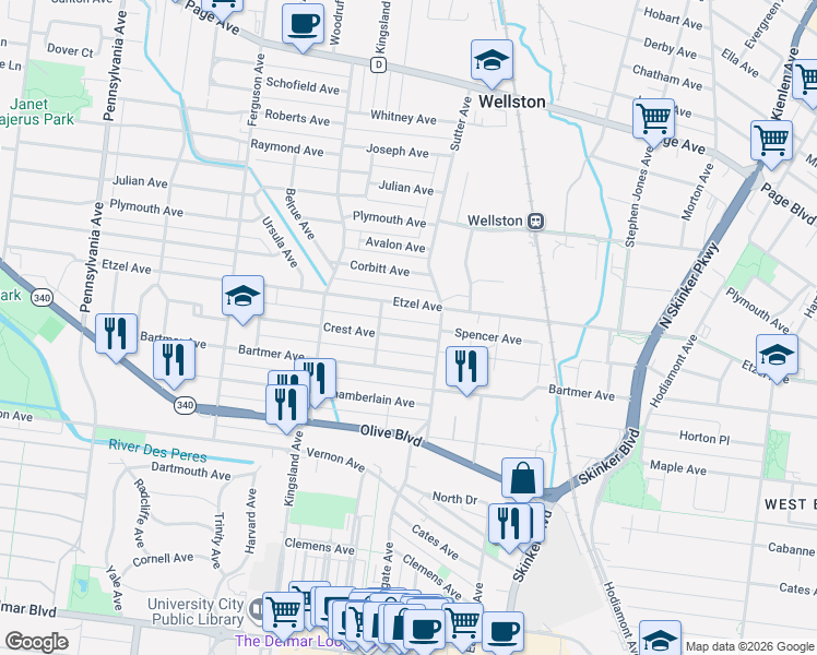 map of restaurants, bars, coffee shops, grocery stores, and more near 6512 Crest Avenue in University City