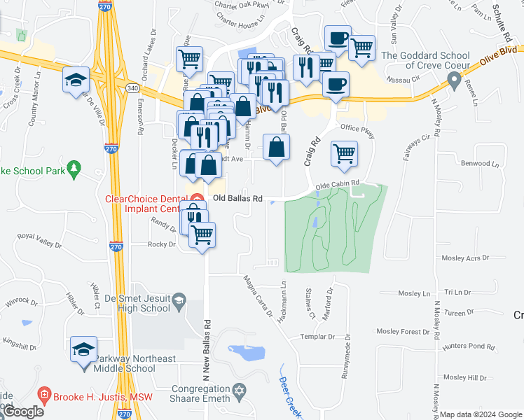 map of restaurants, bars, coffee shops, grocery stores, and more near 573 Sarah Lane in Creve Coeur