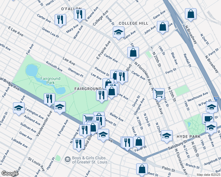 map of restaurants, bars, coffee shops, grocery stores, and more near 4115 North Grand Boulevard in St. Louis