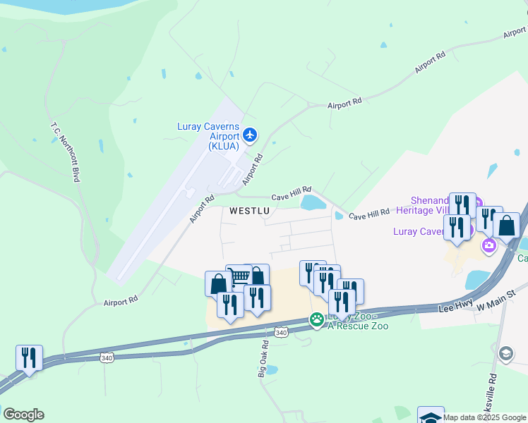 map of restaurants, bars, coffee shops, grocery stores, and more near 222 Westlu Drive in Luray