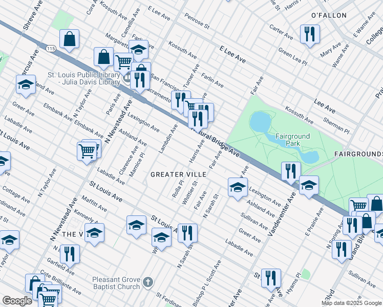 map of restaurants, bars, coffee shops, grocery stores, and more near 3520 Harris Avenue in St. Louis