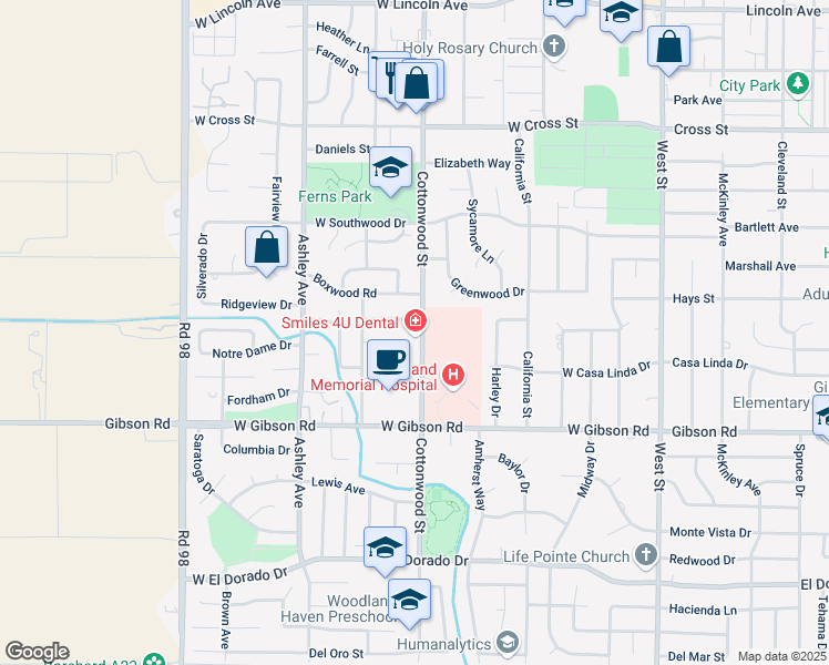 map of restaurants, bars, coffee shops, grocery stores, and more near 1212 Cottonwood Street in Woodland