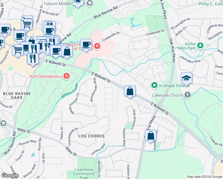 map of restaurants, bars, coffee shops, grocery stores, and more near 1075 Limestone Drive in Folsom