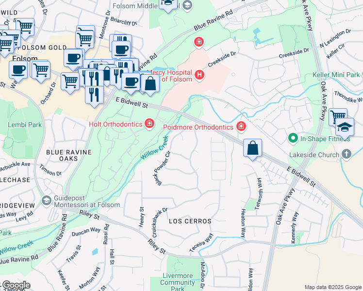 map of restaurants, bars, coffee shops, grocery stores, and more near 102 Russler Lane in Folsom